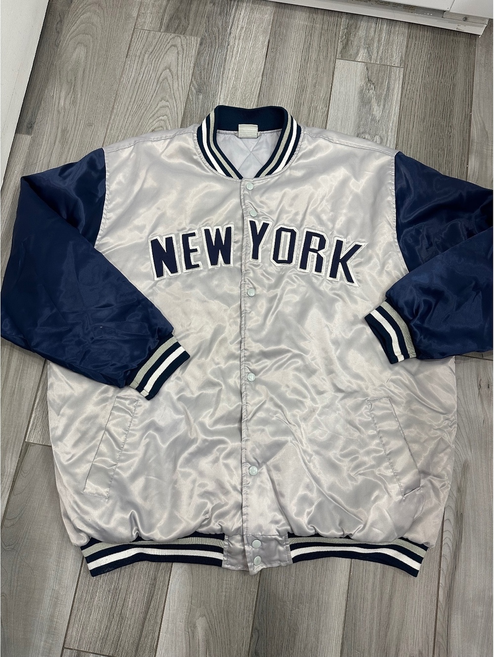 Vintage PJ Mark New York Satin Varsity Jacket Navy and White